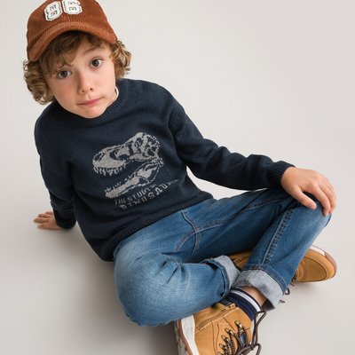 Fine Knit Dinosaur Jumper in Cotton Mix with Crew Neck LA REDOUTE COLLECTIONS