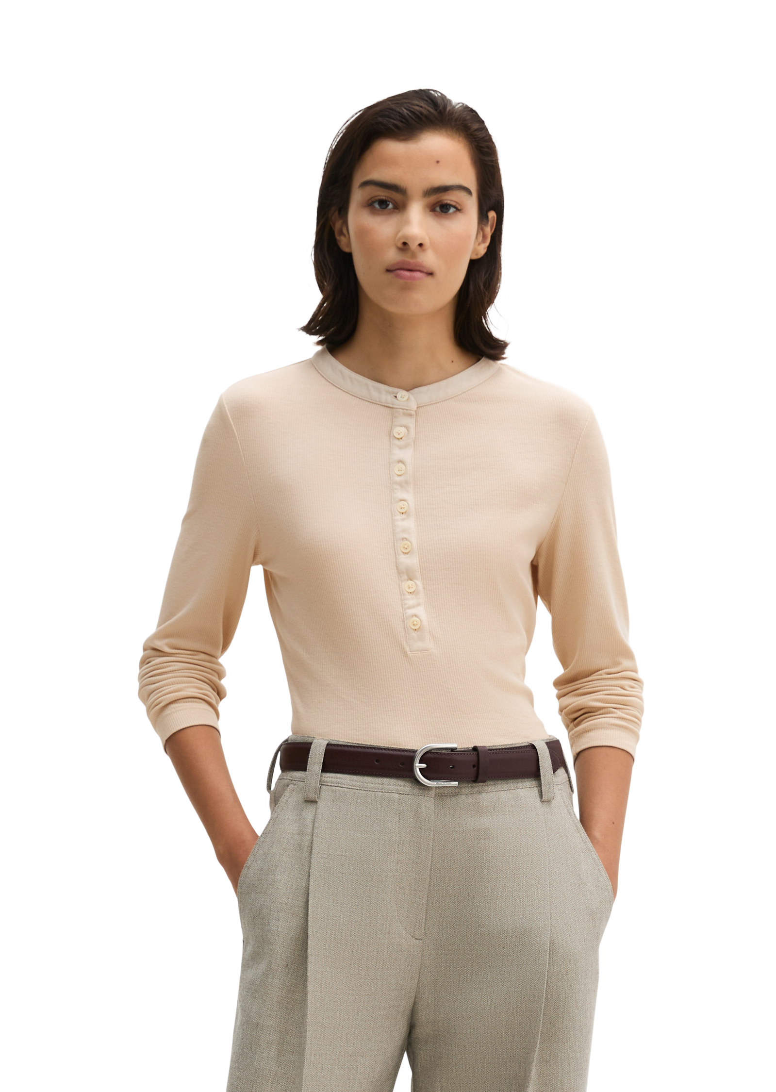 T-shirt long côtelé Henley slim en jersey stretch de coton bio Lyocell, MARC O'POLO