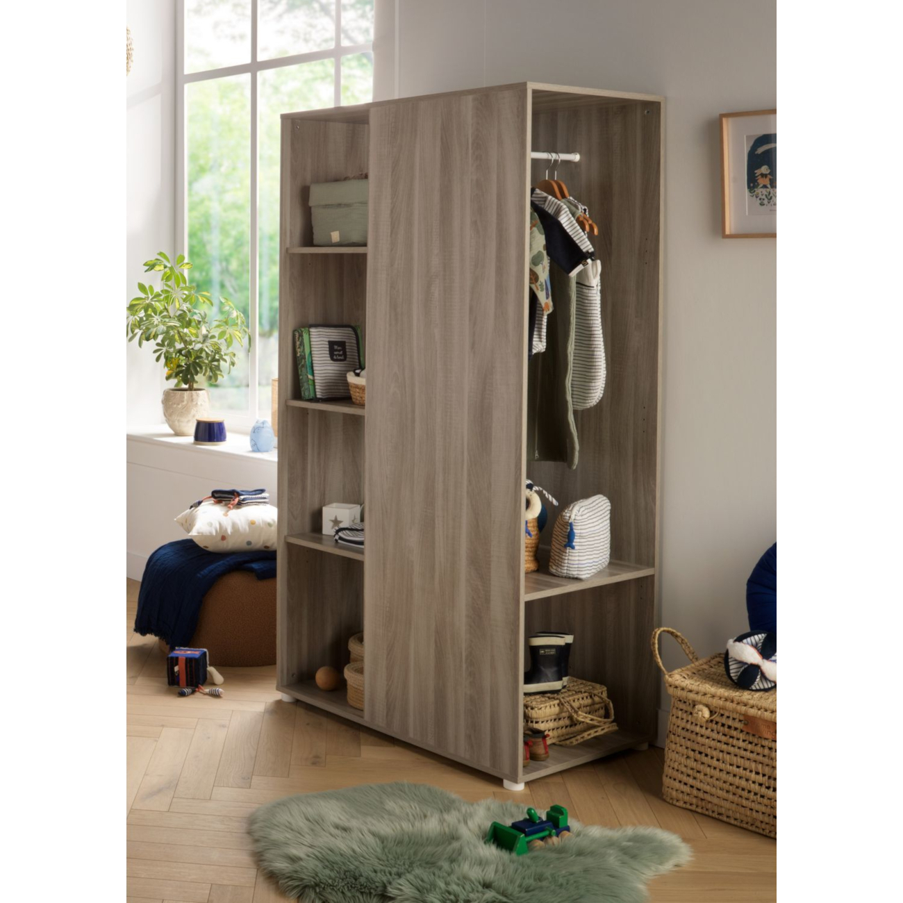 Meuble de rangement avec étagères et penderie en décor bois, BABY PRICE