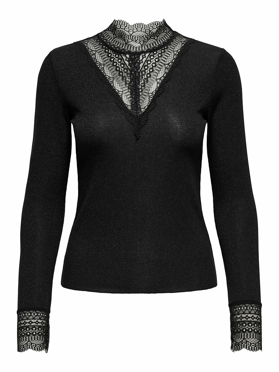 Long Sleeve Top with Metallic Fibres and Lace Detailing, ONLY