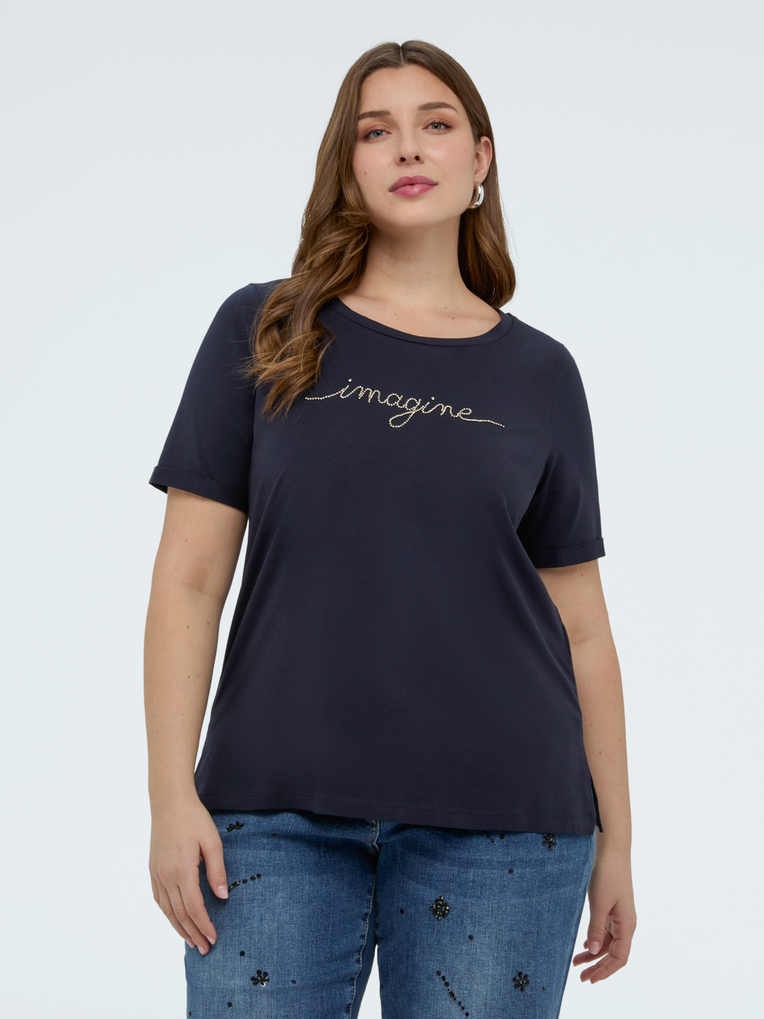 T-shirt en coton avec inscription crystal, FIORELLA RUBINO