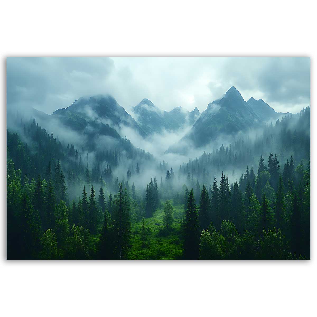 Tableau paysage de montagne brumeuse et forêt verdoyante, HEXOA