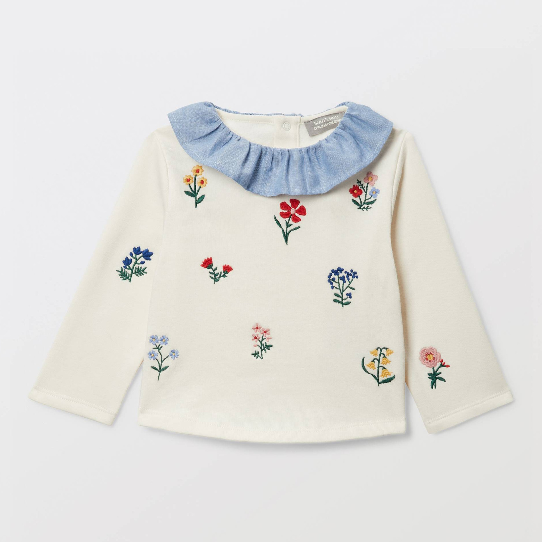 Sweat brodé à col chambray en coton BIO GOTS, BOUT'CHOU