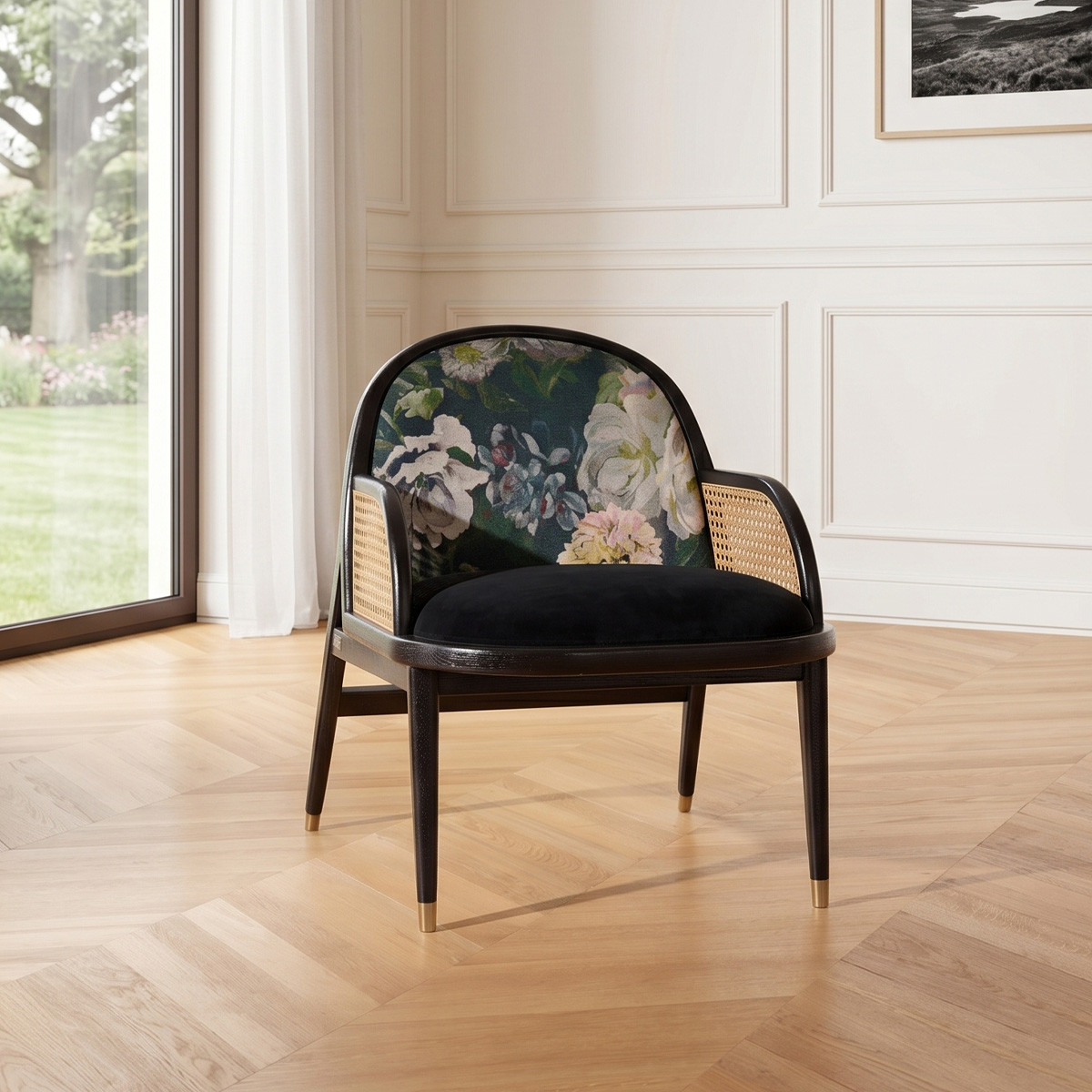 Fauteuil en chêne, cannage velours et lin MARCEL, ROBIN DES BOIS