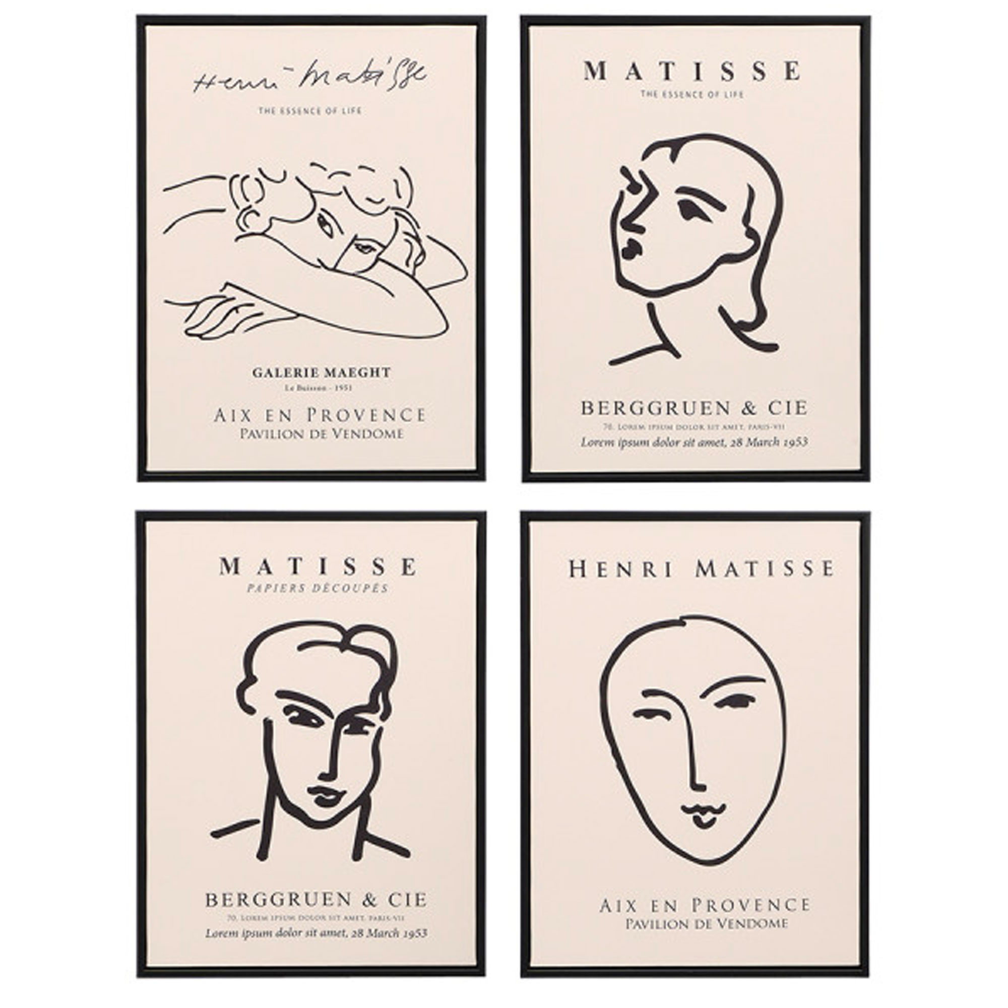Set de 4 tableaux décoratifs noir et blanc Matisse 30x40cm, WADIGA