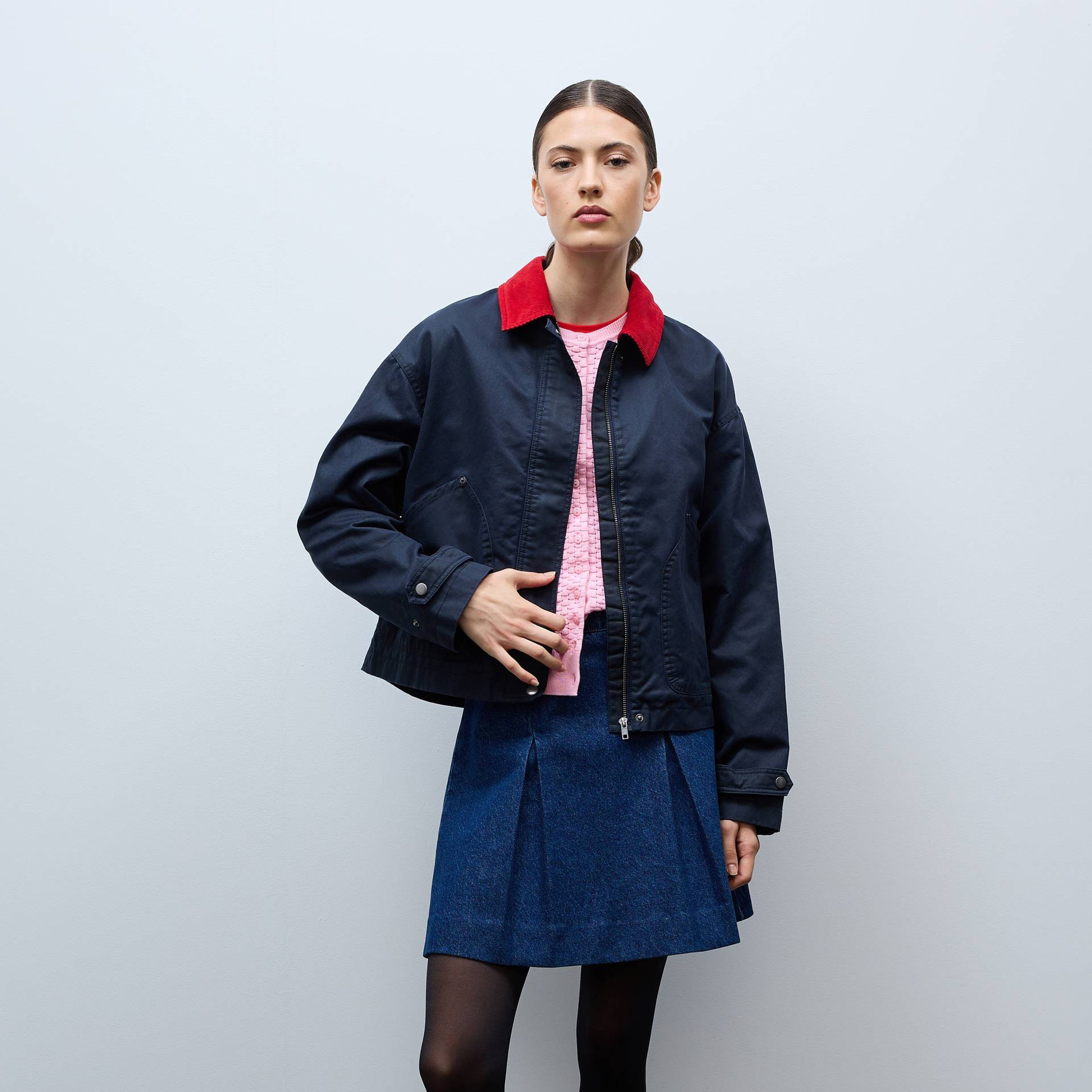 Jupe courte unie en denim, MONOPRIX