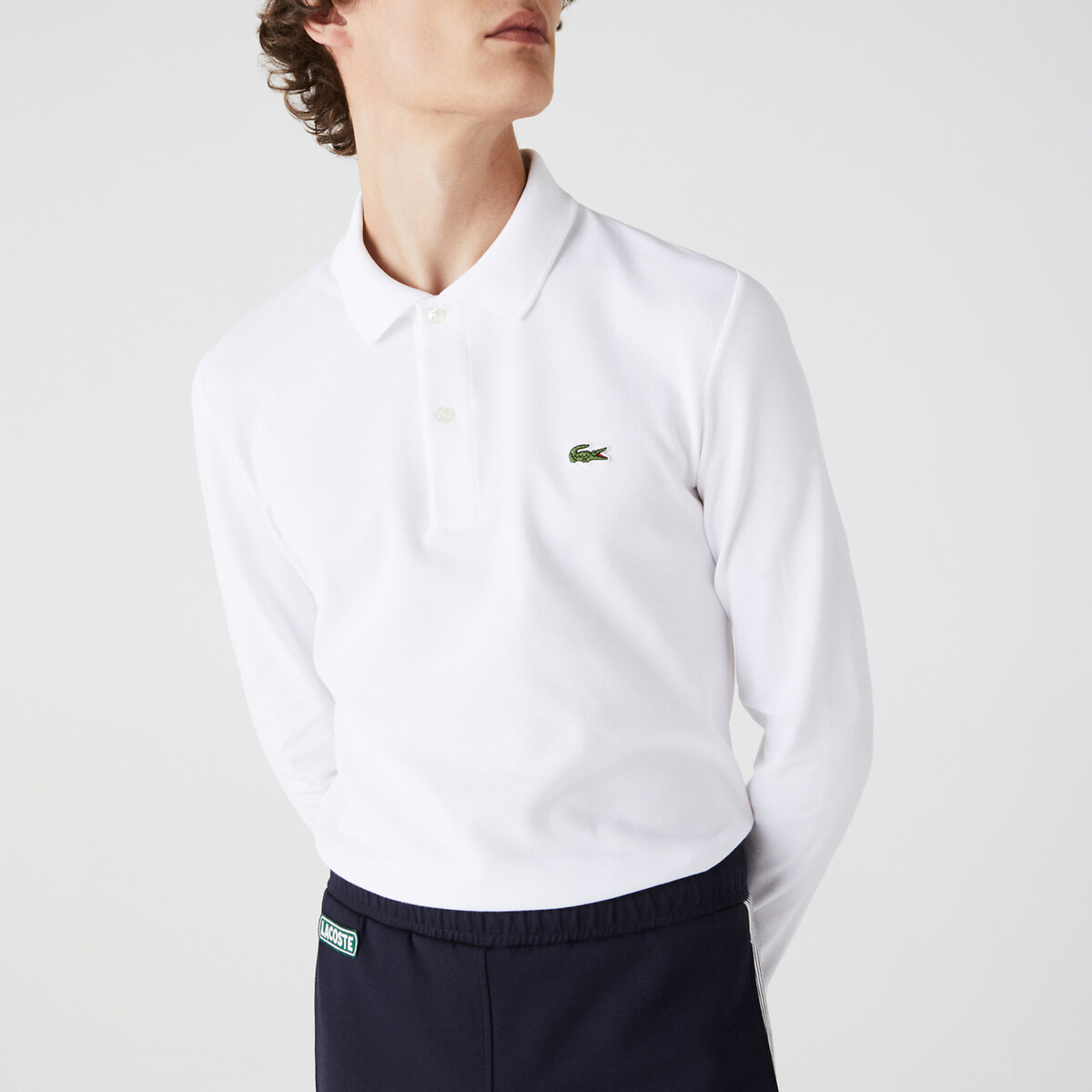cotton pique polo shirt in slim fit with long sleeves