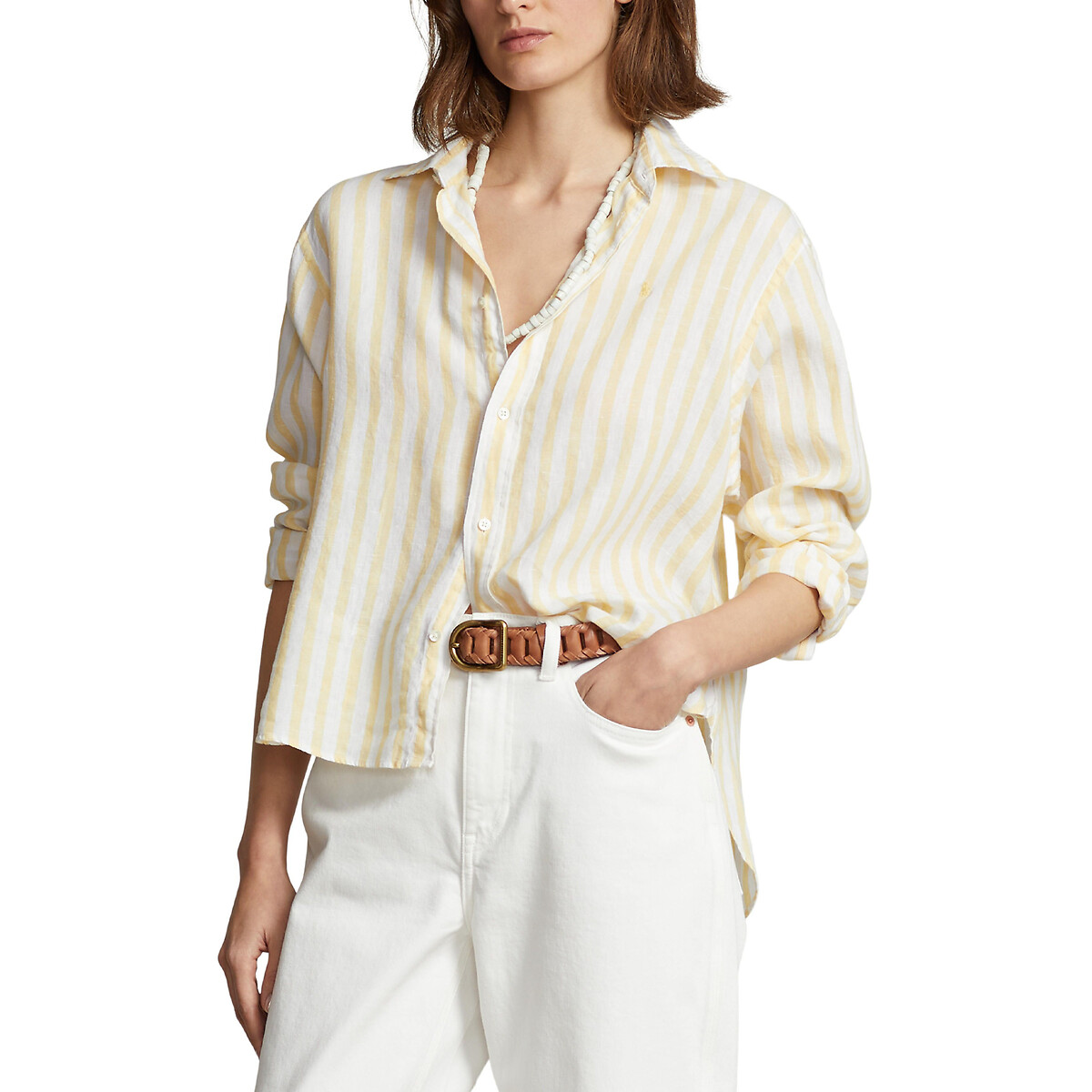 Striped Linen Short Shirt with Long Sleeves