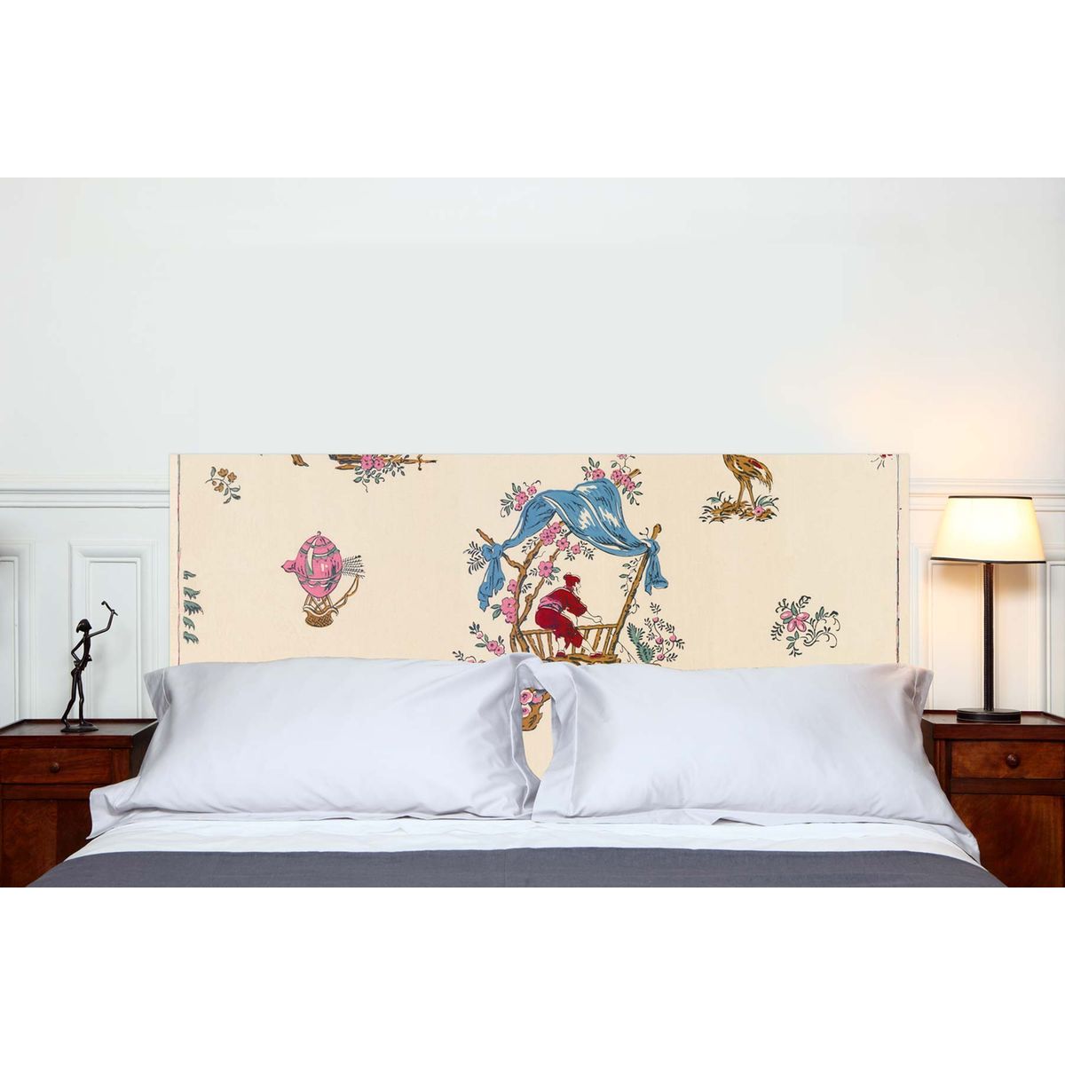 Tête de lit en tissu Chinoiseries, fixation murale