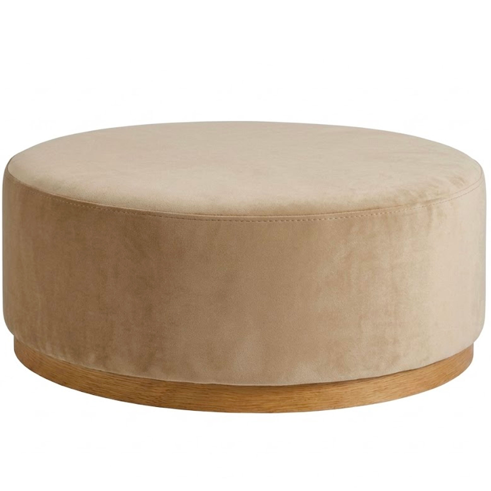 Grand pouf rond design velours beige et pied bois 80x80x41cm, WADIGA