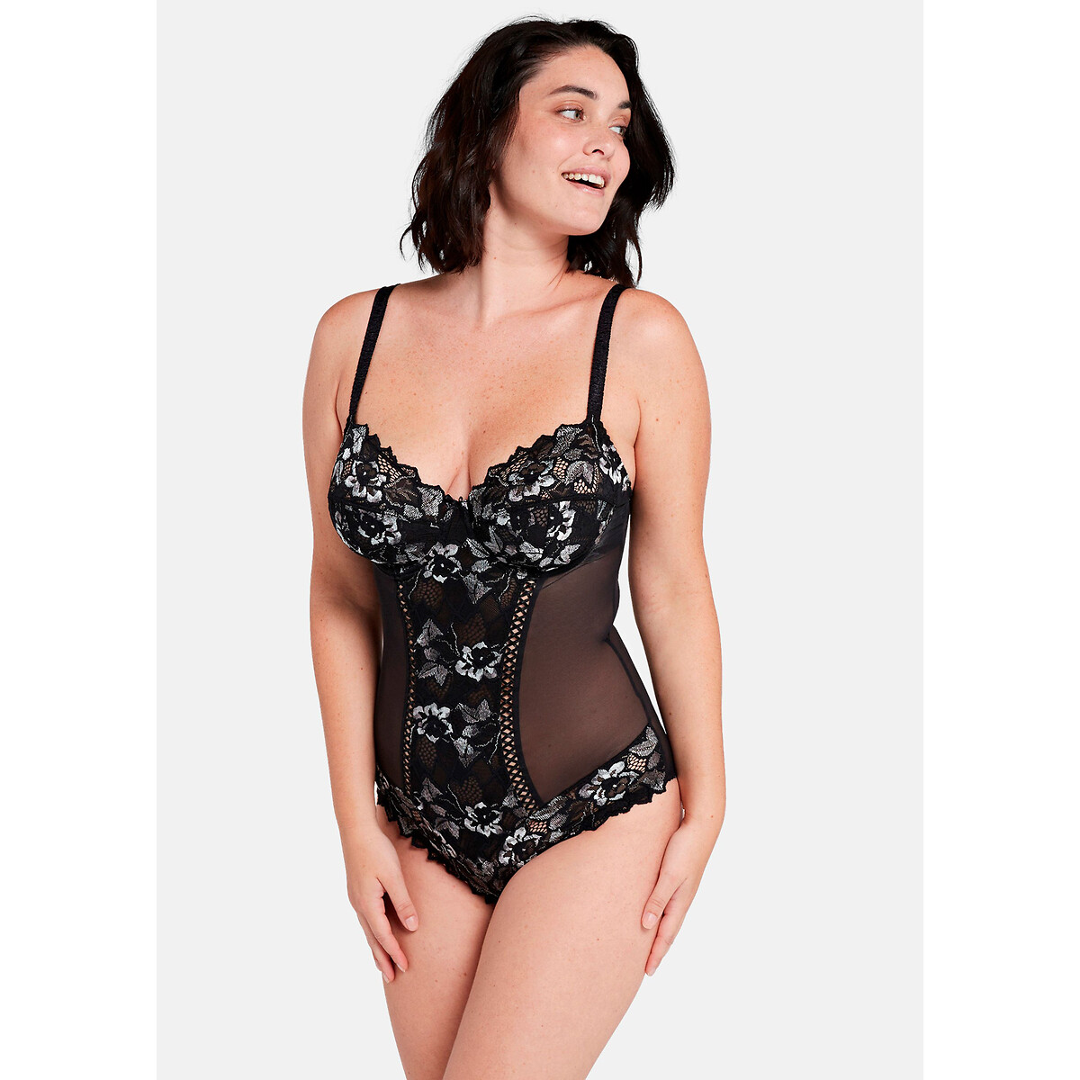 Arum gala bodysuit in lace and tulle black/grey/white Sans Complexe