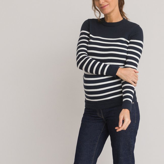 Breton Striped Maternity Jumper/Sweater in Organic Cotton stripes on navy background LA REDOUTE COLLECTIONS