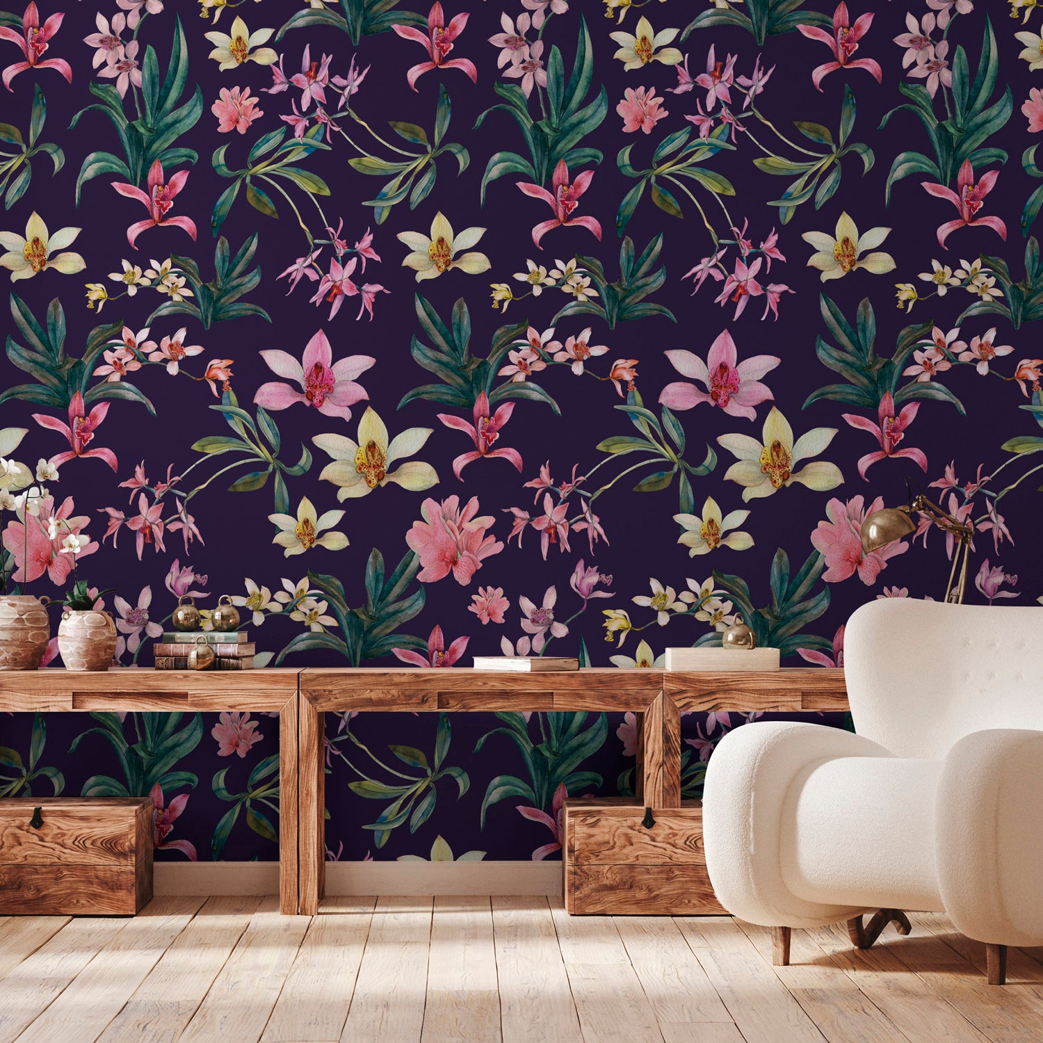 Papier peint panoramique Denise's Flowers - floral aquarelle violet 288 x 290 cm, LE PAPIERS DE NINON
