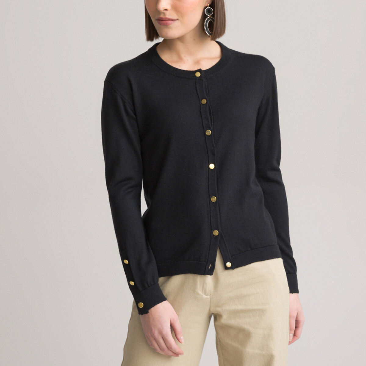Image of Merino Wool Mix Cardigan in Fine Knit with Crew Neck