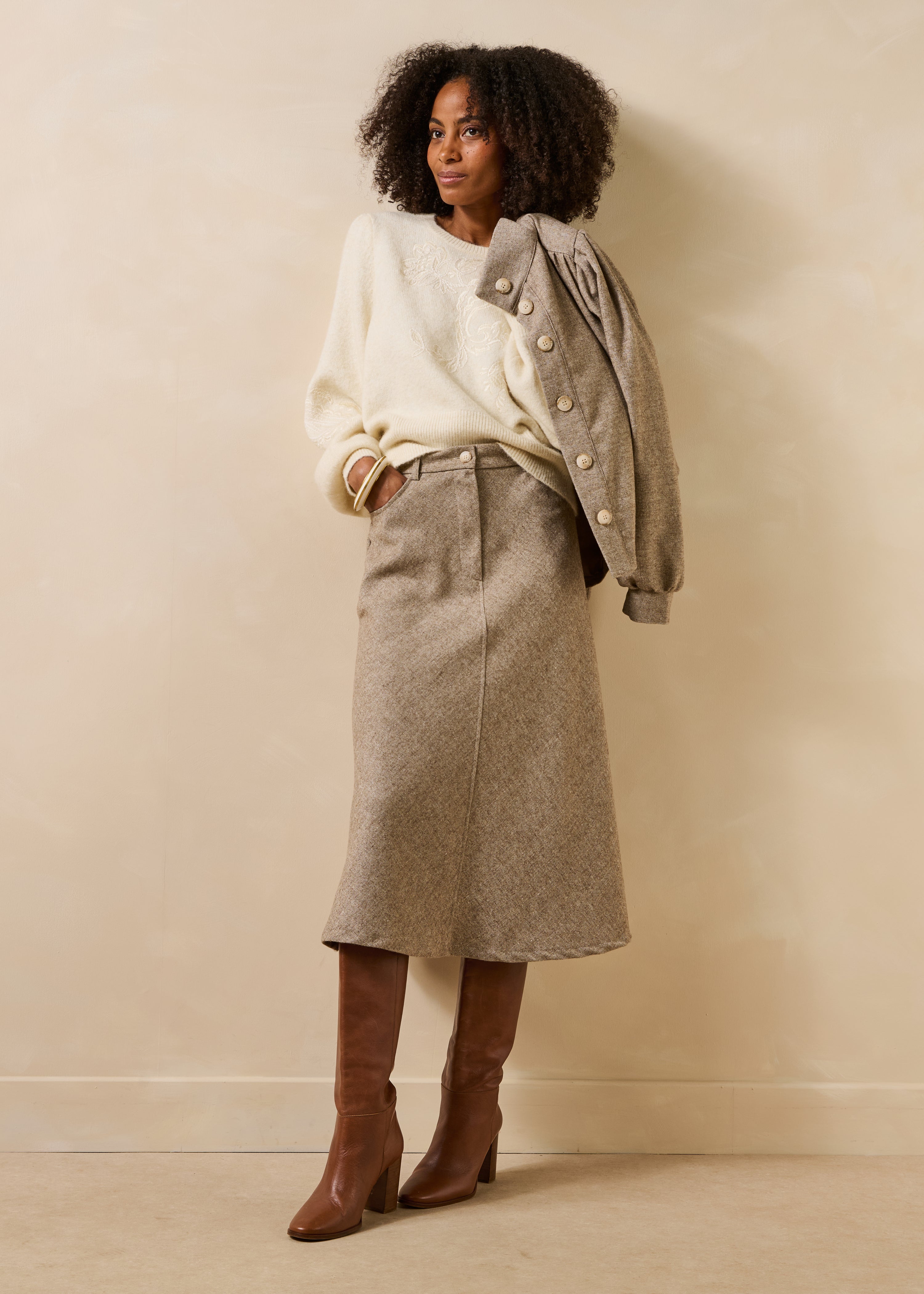 Jupe midi boutonnée en tweed, LA FEE MARABOUTEE