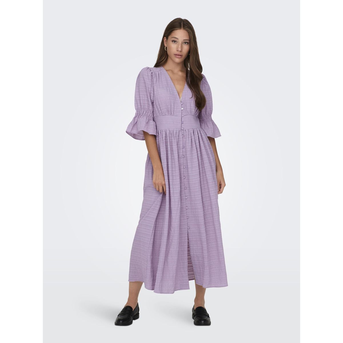 Robe habill e robe longue regular fit col en v poignets smock s