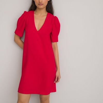 Recycled Mini Dress with Short Puff Sleeves and V-Neck LA REDOUTE COLLECTIONS