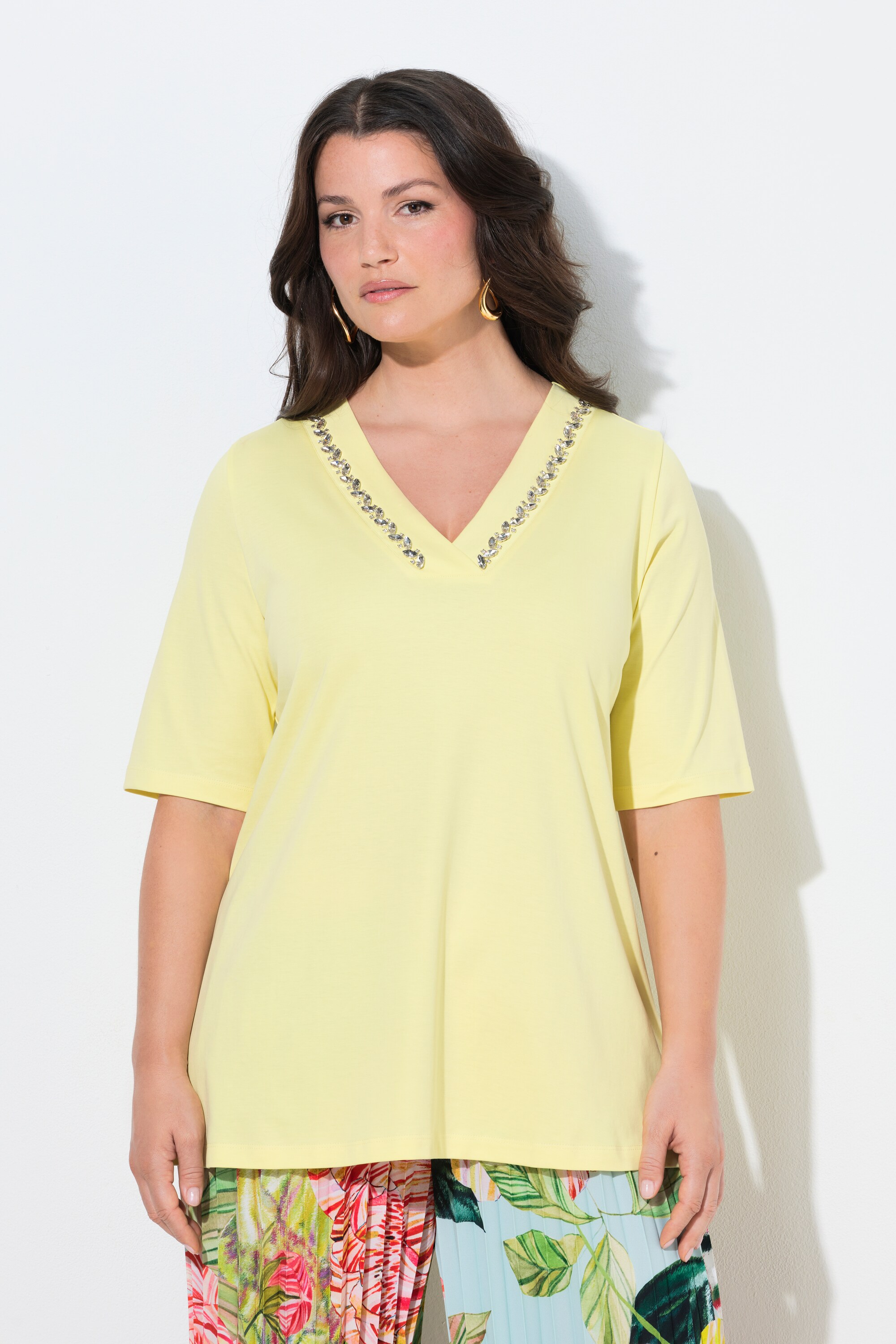 T-shirt en coton Pima, pierres fantaisie, ULLA POPKEN