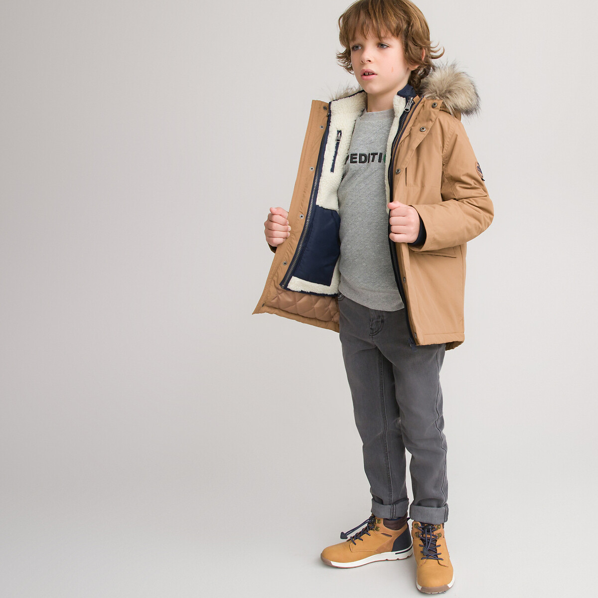 Recycled 4 In 1 Warm Parka With Faux Fur Hood 3 12 Years Camel Navy La Redoute Collections La Redoute