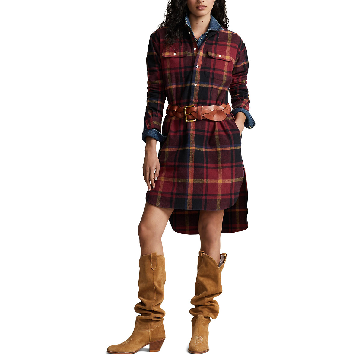 Checked Cotton Shirt Dress with Long Sleeves