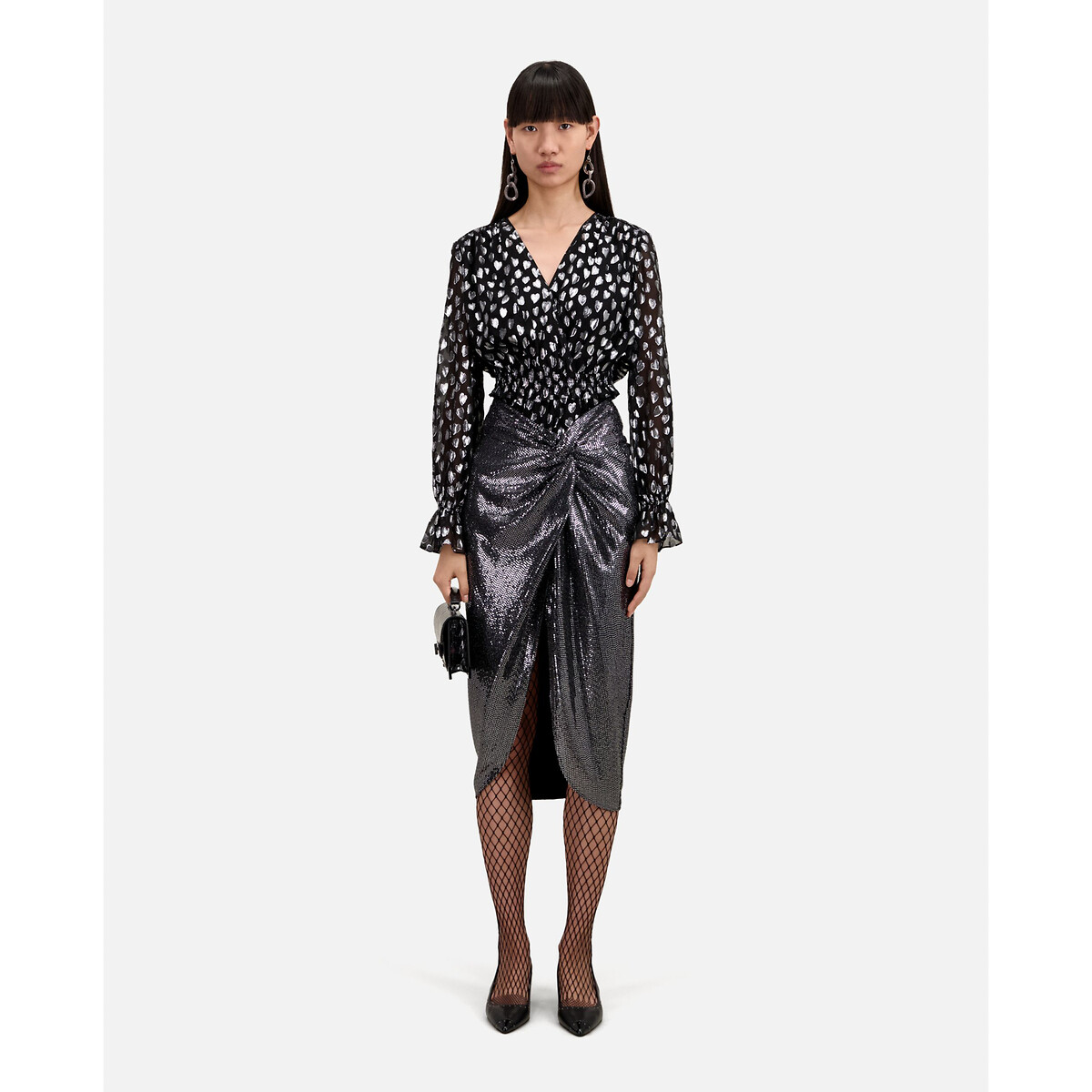 Halflange metallic rok met split zilver The Kooples La Redoute