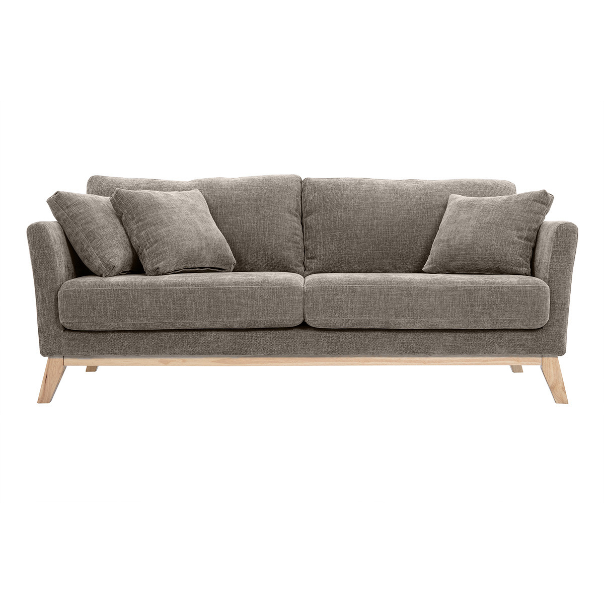 Canapé scandinave déhoussable 3 places en tissu effet velours texturé taupe et bois clair OSLO, MILIBOO