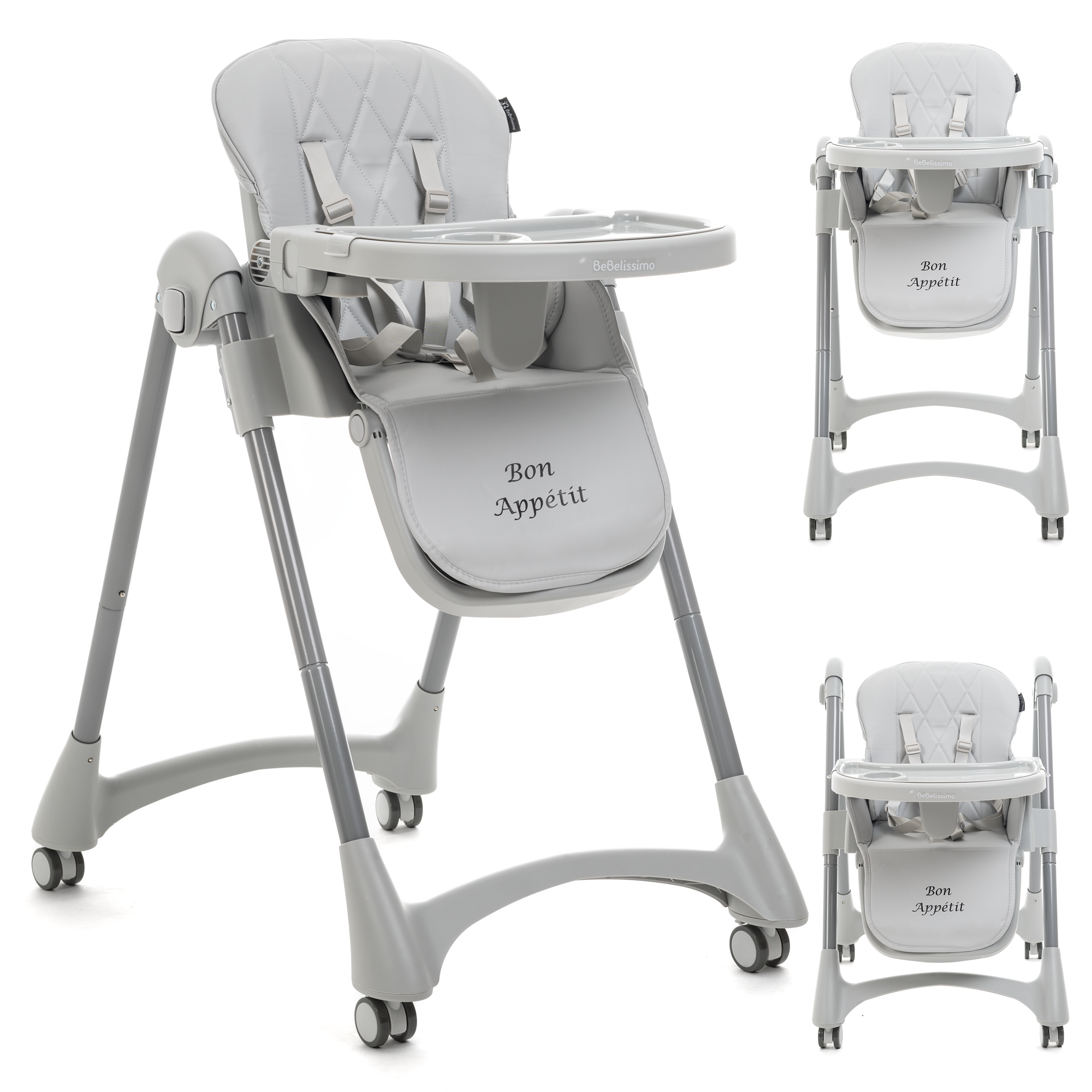 Chaise haute évolutive bébé - Pliable - Compacte - Réglable hauteur - De 6 mois à 3 ans (15kg) - gris - Bon Appetit, BEBELISSIMO J'AIME