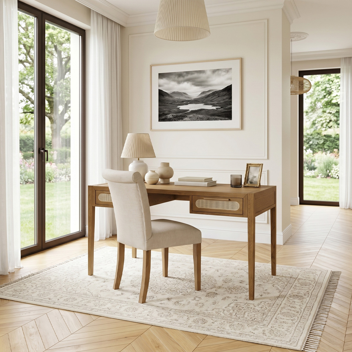 Bureau style contemporain en chêne et cannage, 2 tiroirs MONTANA, ROBIN DES BOIS