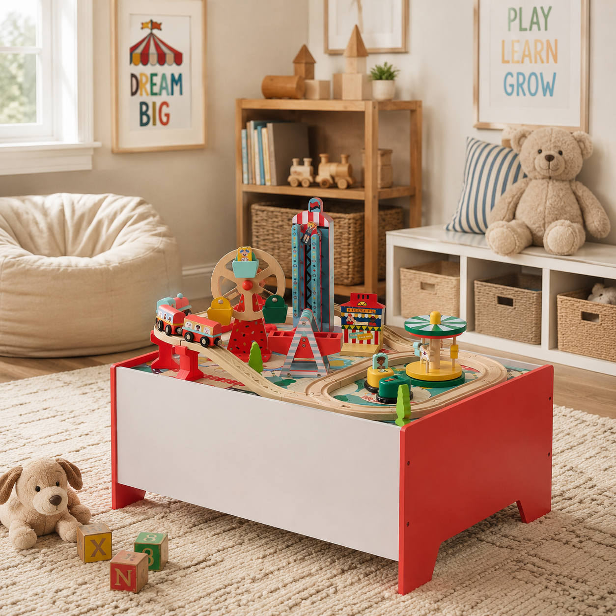 Table de jeu en bois 6 mini-jeux + bac de rangement enfants, TEAMSON KIDS