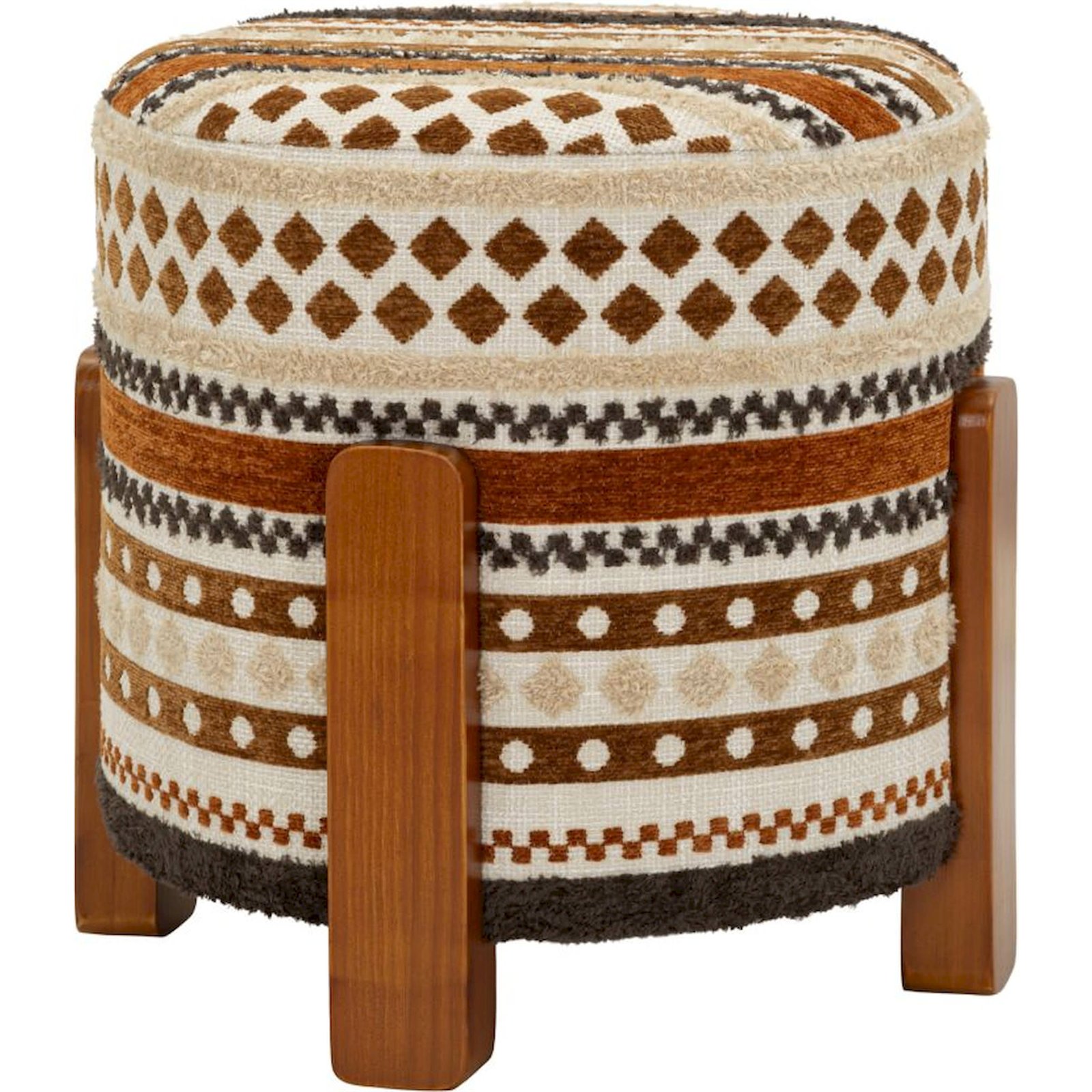 Pouf ethnique motifs expressifs pieds bois, RECOLLECTION