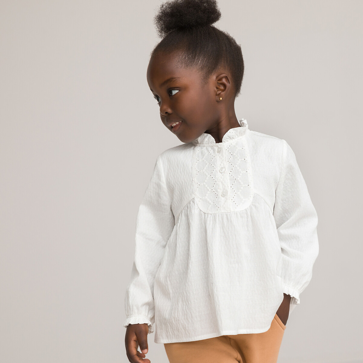 Cotton Long Sleeve Blouse with Ruffled Broderie Anglaise Collar