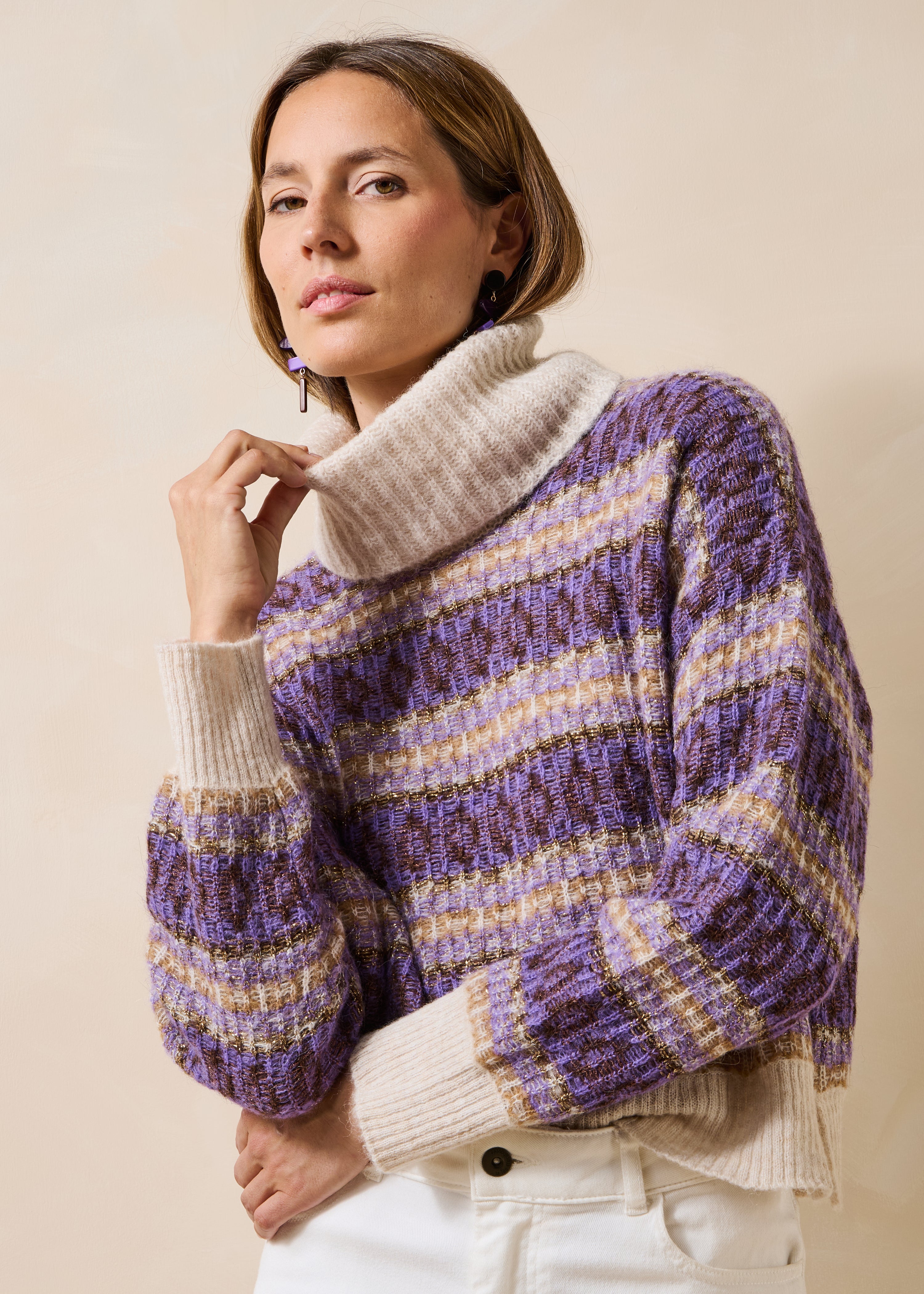 Pull manches longues en jacquard rayé, LA FEE MARABOUTEE