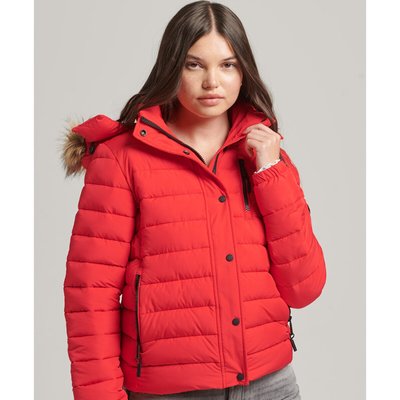 Short Hooded Padded Jacket with Faux Fur Trim and Zip Fastening SUPERDRY