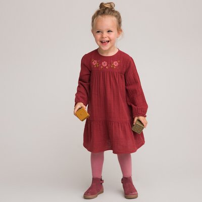 Embroidered Cotton Muslin Dress with Long Sleeves LA REDOUTE COLLECTIONS