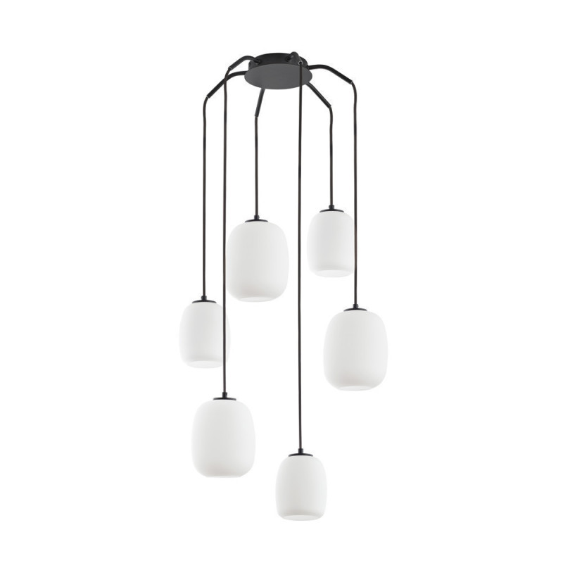 Grande suspension 6 lampes verre opale Jap noir, MILLUMINE