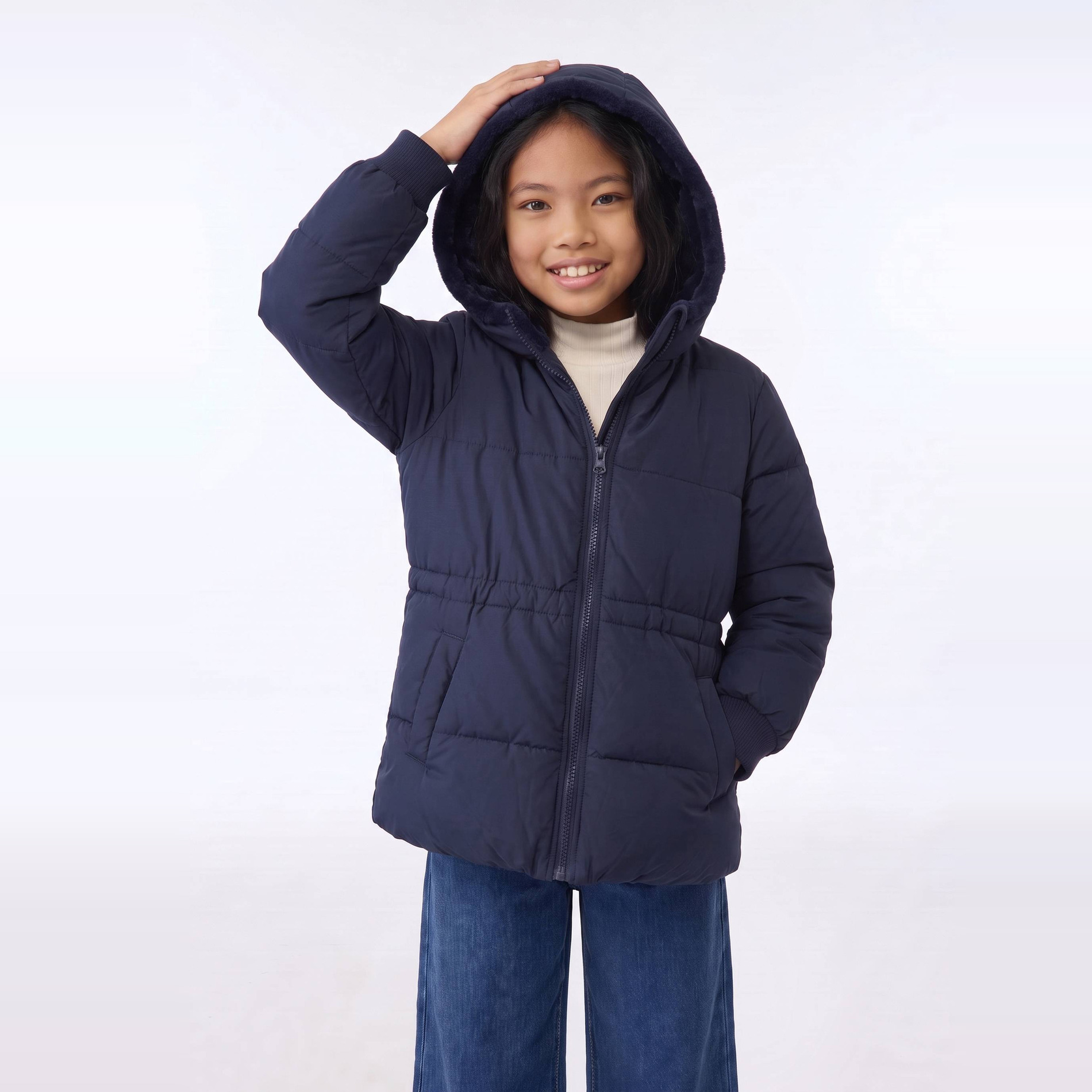 Doudoune longue à capuche resserrée à la taille, MONOPRIX