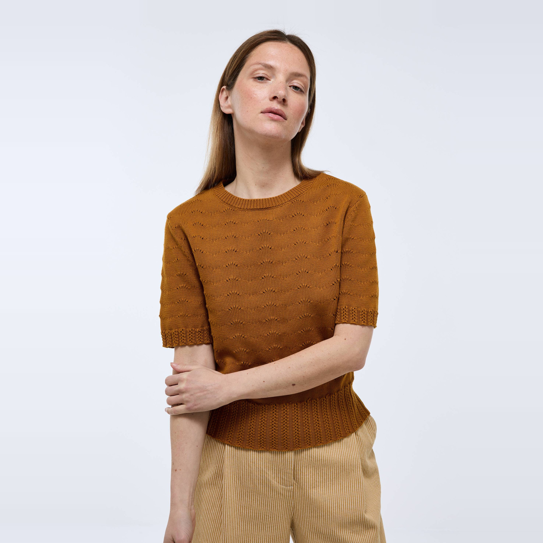 Pull manche courte ajouré, MONOPRIX