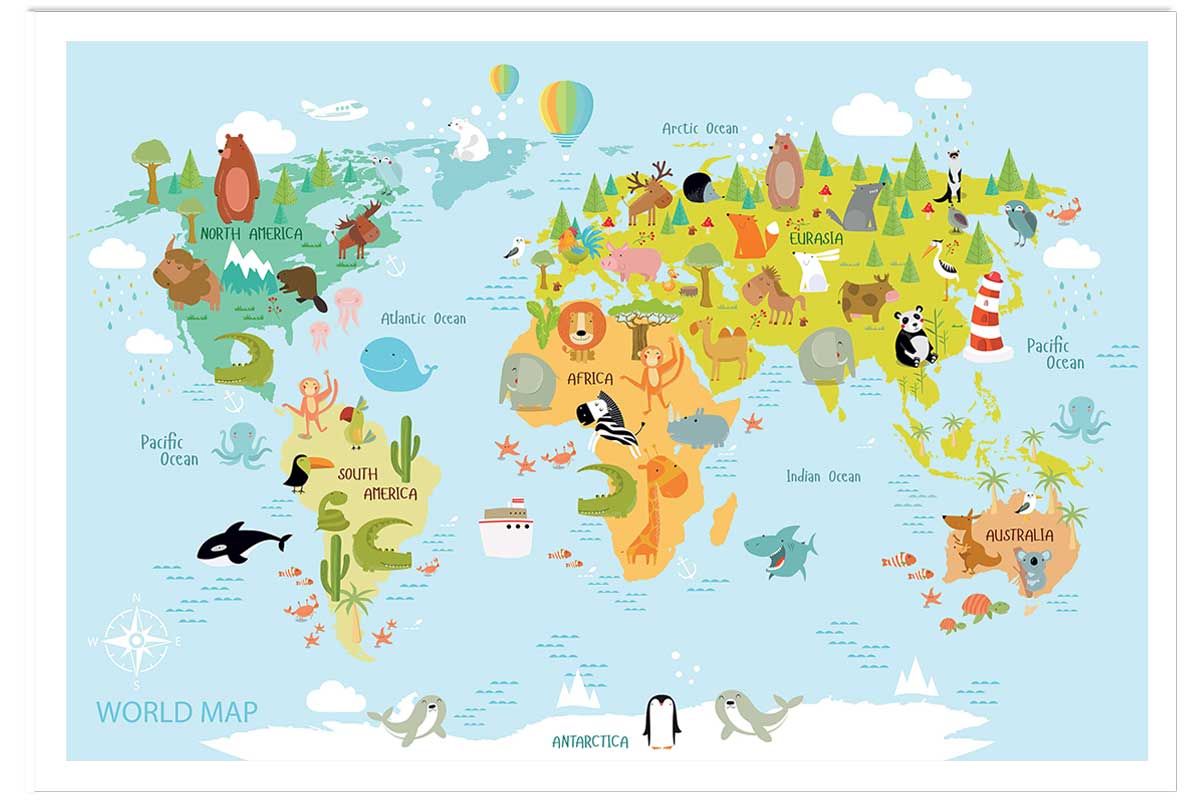 Affiche world map animals, HEXOA