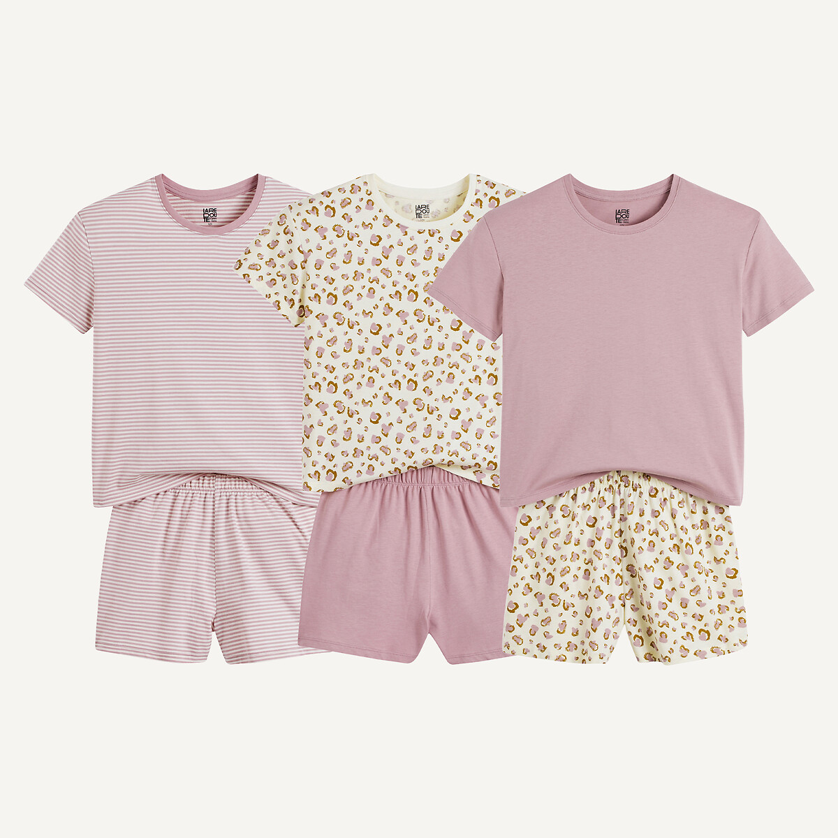 Lot de 3 pyjashorts en coton, motifs léopard et rayures, LA REDOUTE COLLECTIONS