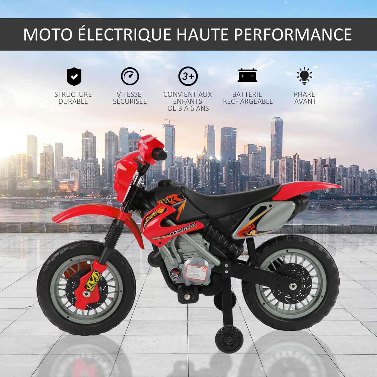 HOMCOM moto pour enfant Moto Cross Electrique avec roulettes Amovibles pour  Enfant de 3 à 8 Ans Rouge 