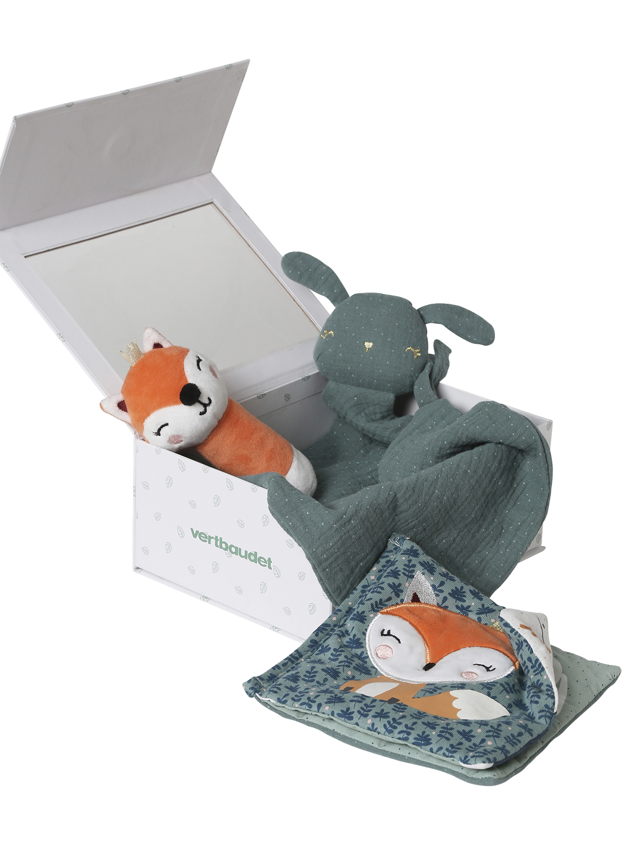 Coffret cadeau 3 pièces : doudou lange + hochet + livre imagier, VERTBAUDET