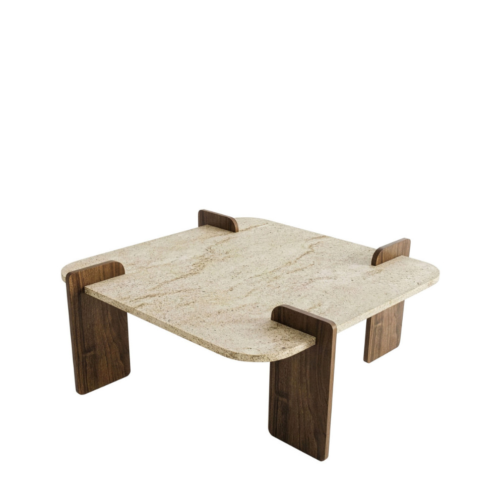 Table basse en bois et effet travertin 90x90cm- SOLENI, DRAWER