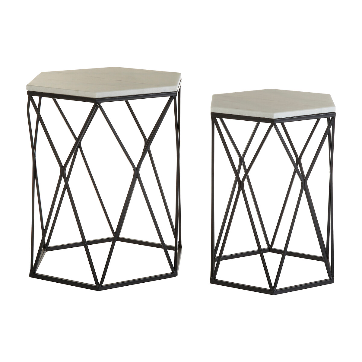 Set of 2 Hexagonal Side Tables in White Marble and Black Steel, SO'HOME