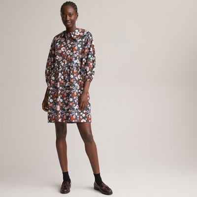Floral Cotton Mini Dress with Peter Pan Collar and Puff Sleeves LA REDOUTE COLLECTIONS