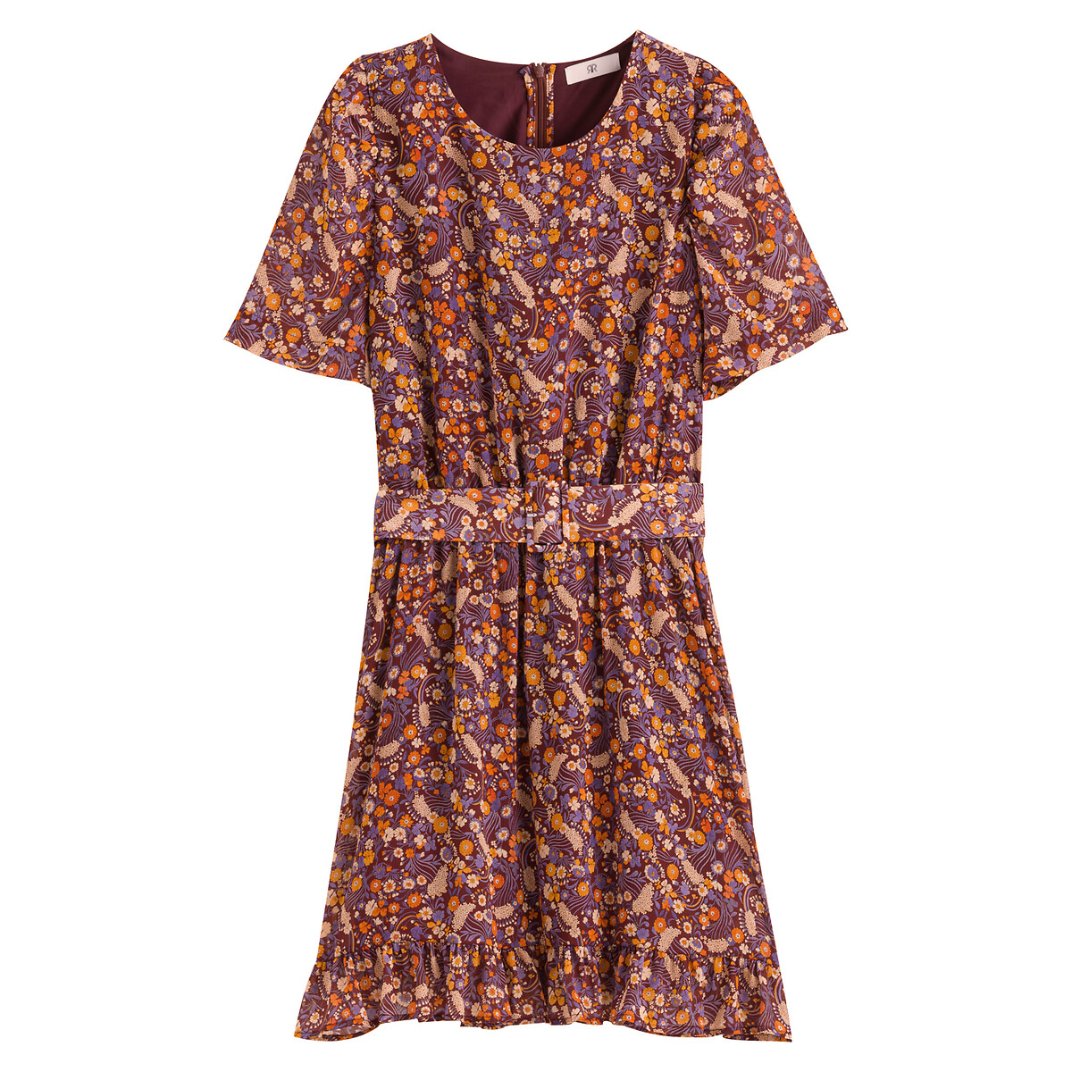 Recycled Floral Belted Dress with Ruffle and Crew Neck