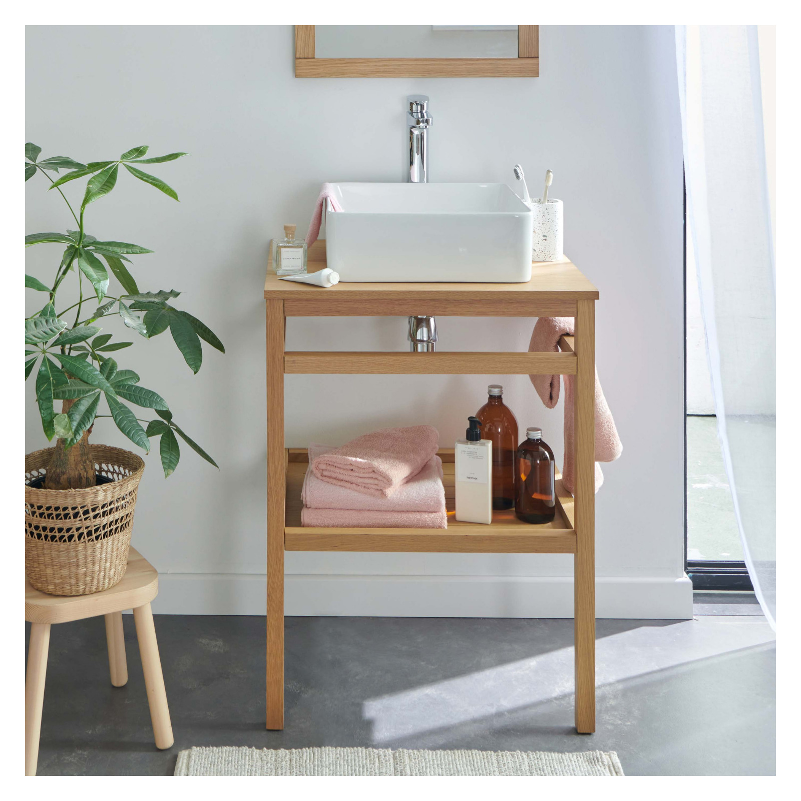 Meuble simple 60cm chêne avec vasque carrée blanche HOPP, MOB IN