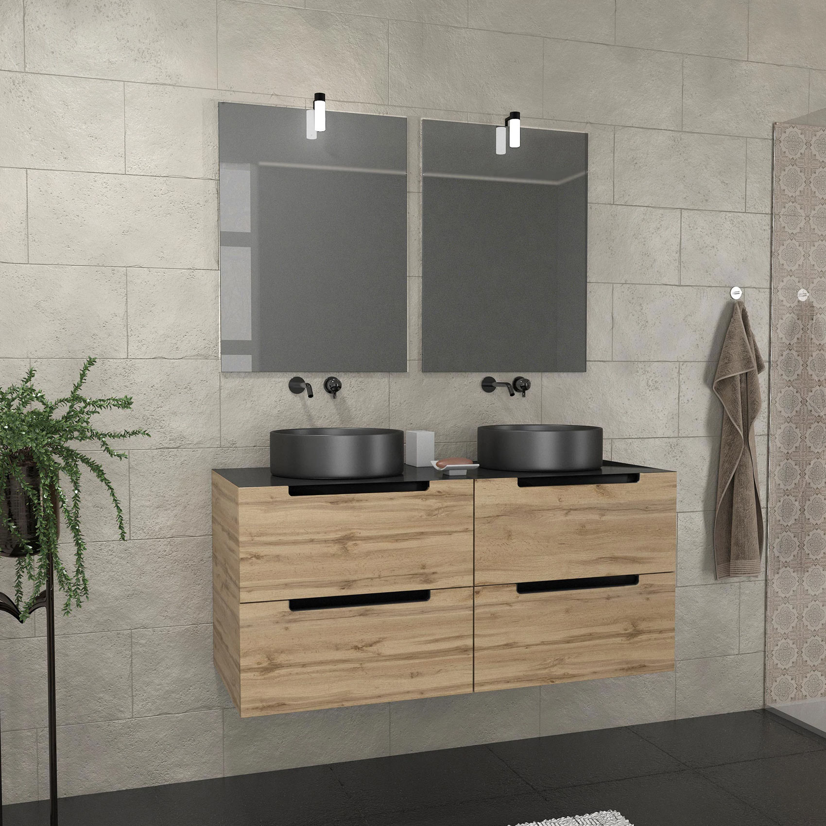 Ensemble de salle de bains avec 2 vasques rondes et 2 miroirs rectangulaires à led, HOME MAISON
