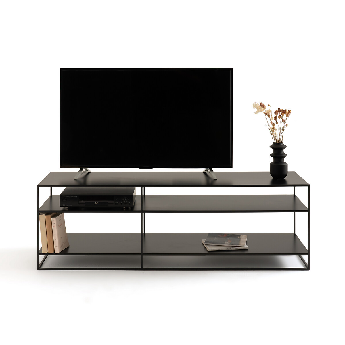 Mueble para tv estrecho de acero y piel, réalto negro Am.Pm
