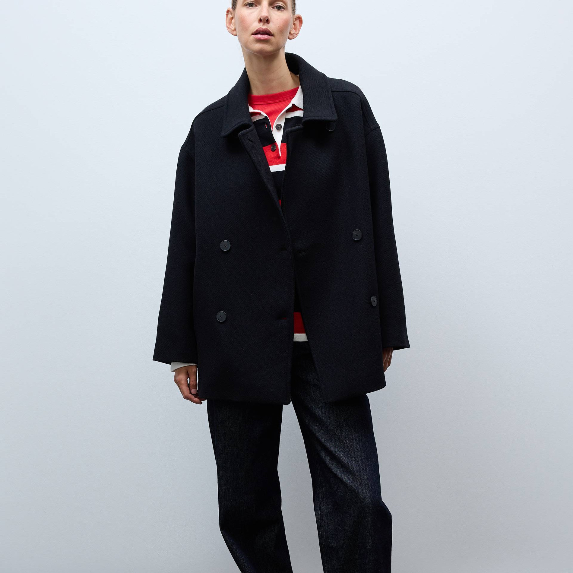 Manteau court double boutonnage contenant de la laine, MONOPRIX