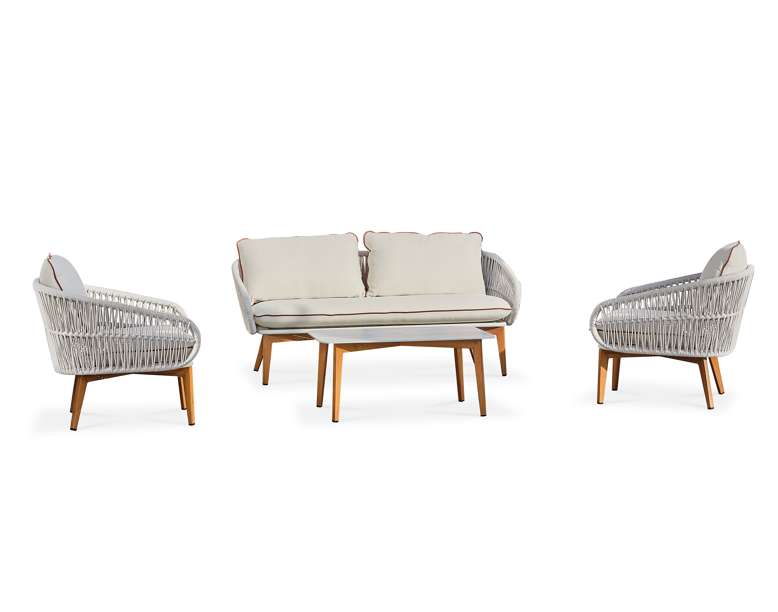Salon de jardin bas en aluminium imitation bois et corde tissée CUZCO, REMARQUABLE